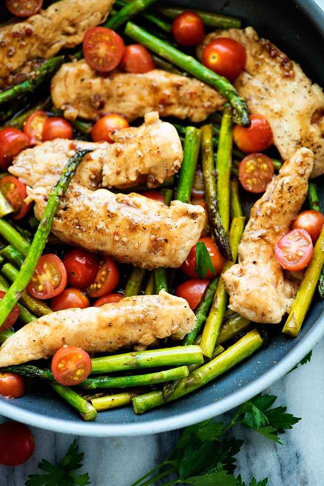 Balsamic Chicken with Asparagus and Tomatoes - Nine Recipes