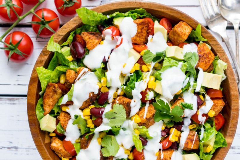LOADED CHICKEN TACO SALAD WITH CREAMY LIME CILANTRO DRESSING