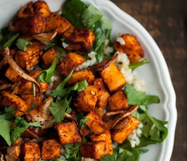 Roasted Sweet Potato Salad with Avo Lime and Coriander Dressing