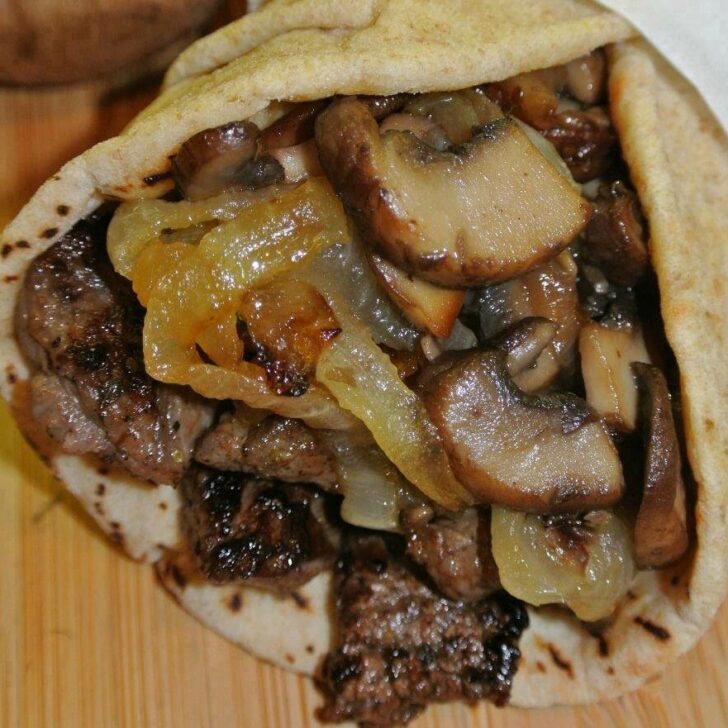 Greek Steak Pitas with Caramelized Onions and Mushrooms