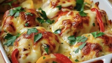Delicious Cheesy Chicken and Peppers Bake in Casserole Dish