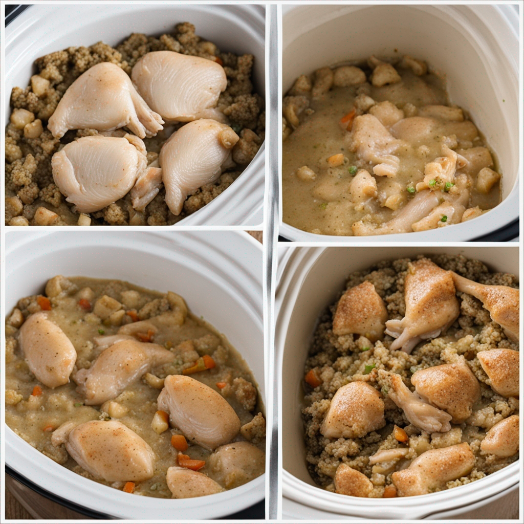 Plated serving of tender slow cooker chicken topped with savory stuffing, garnished with fresh herbs.