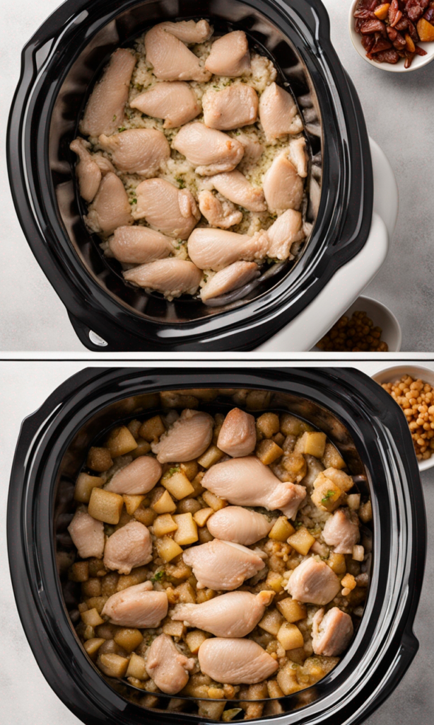 Raw chicken breasts, a can of cream of chicken soup, stuffing mix, and a cup of chicken broth on a kitchen counter.