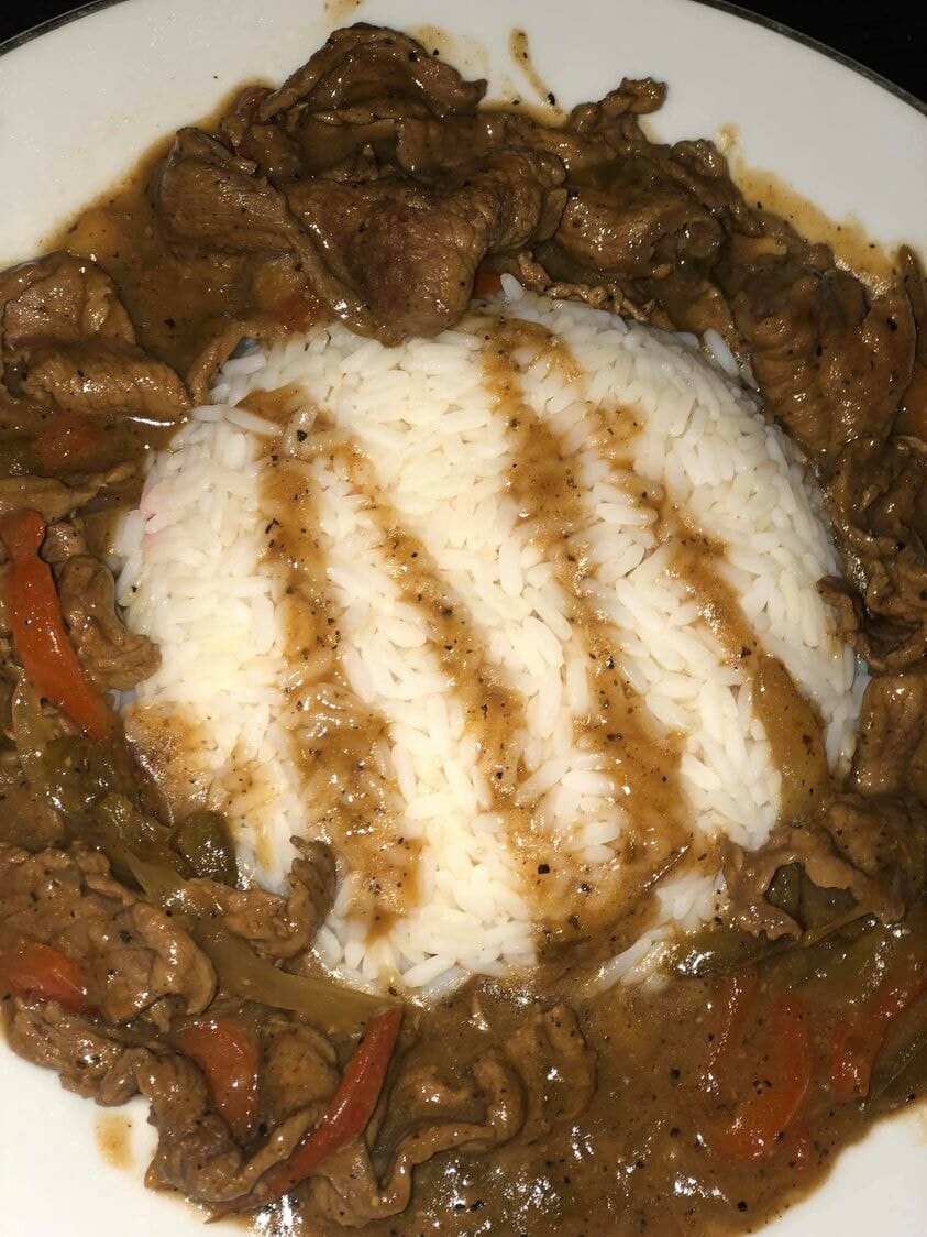 Carne asada w. mexican rice & grilled red pepper & onion