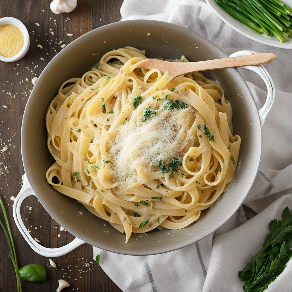 Creamy one-pot garlic parmesan pasta topped with finely chopped parsley