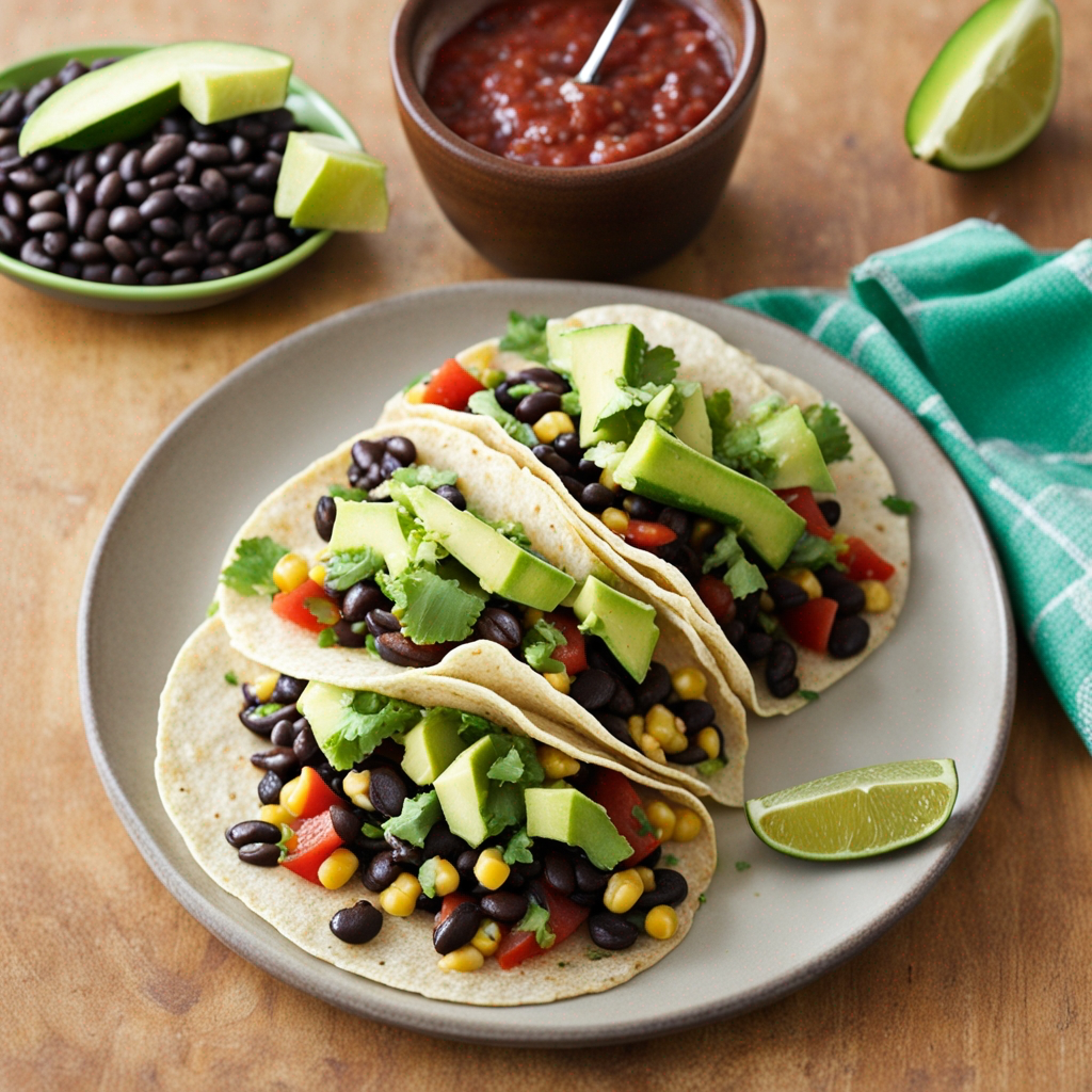 Crunchy veggie tacos filled with black beans, fresh avocado slices, and tangy salsa