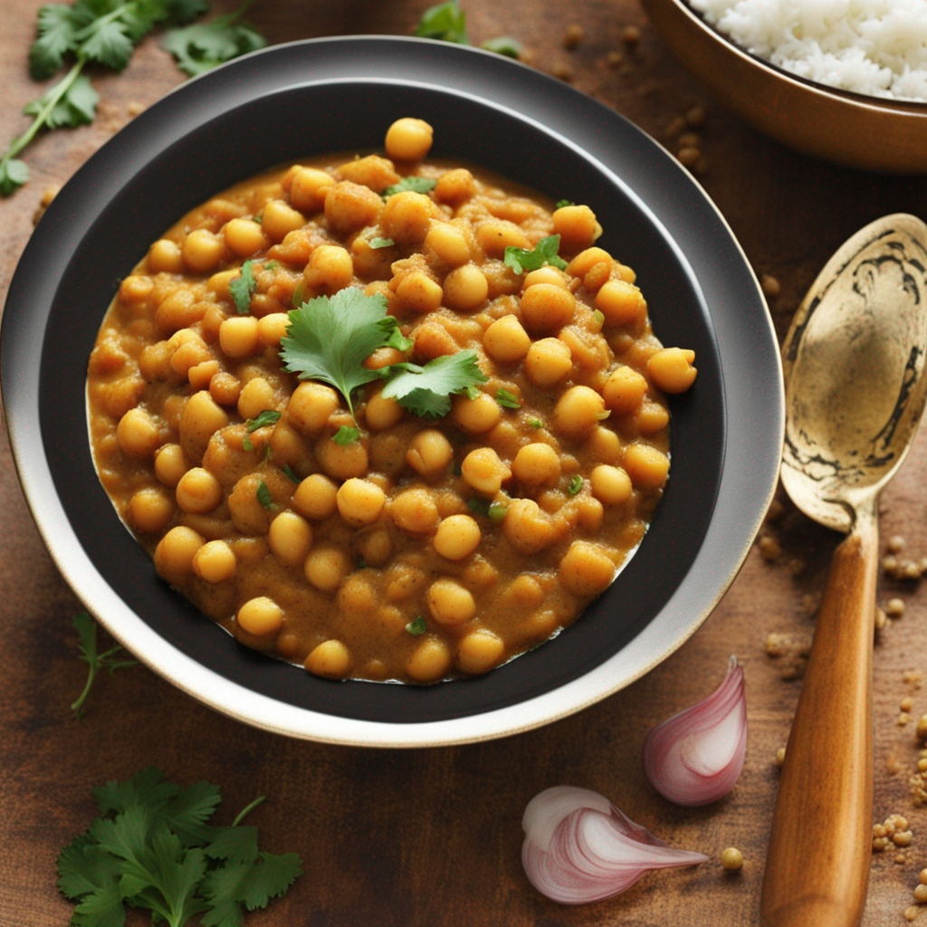 Rich and flavorful chickpea curry in a bowl with a side of basmati rice