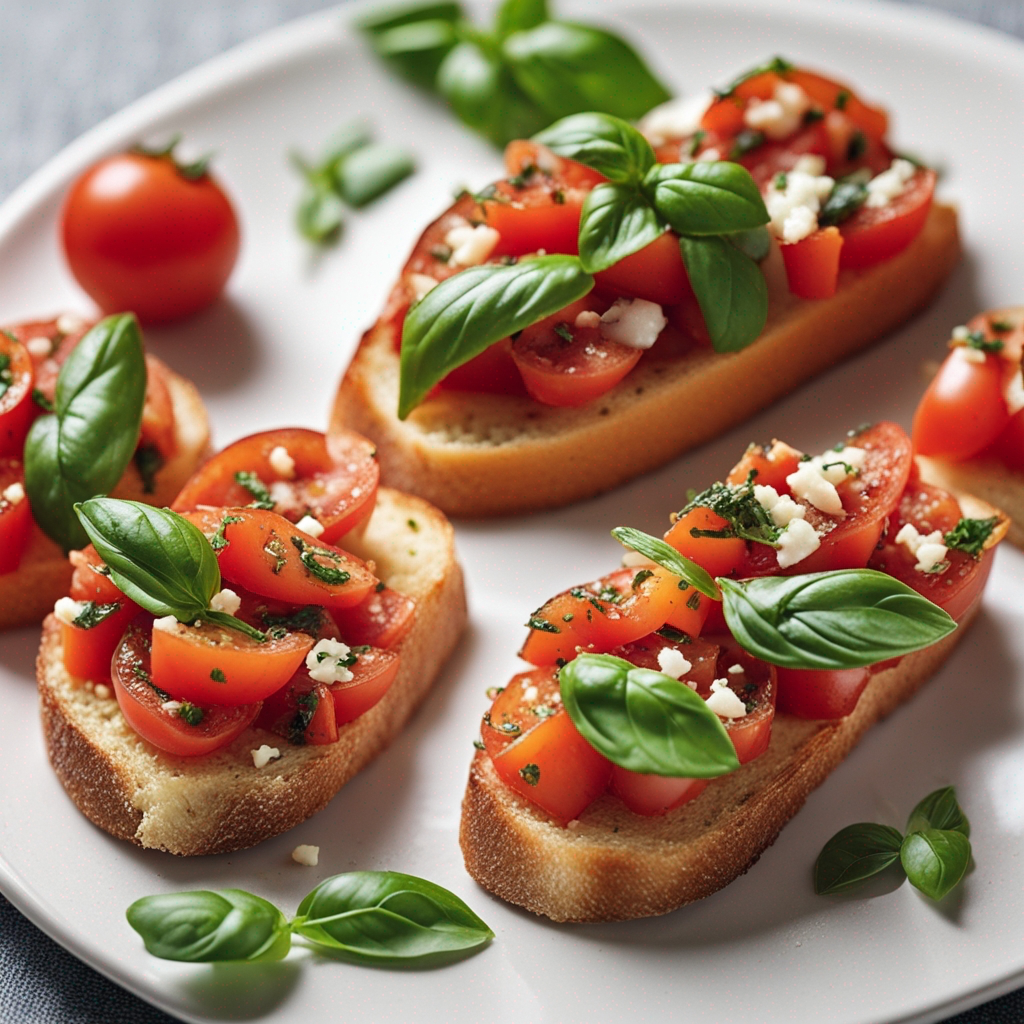 Golden toasted bruschetta topped with diced tomatoes, fresh basil, and a hint of garlic