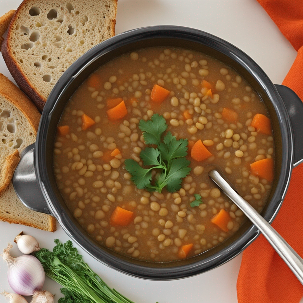 Warm and hearty lentil soup served from an Instant Pot, garnished with fresh herbs