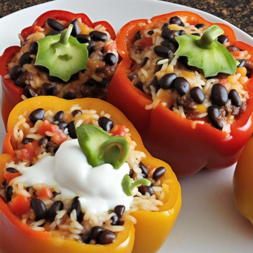 Colorful bell peppers filled with a savory rice and bean mixture, topped with melted cheese
