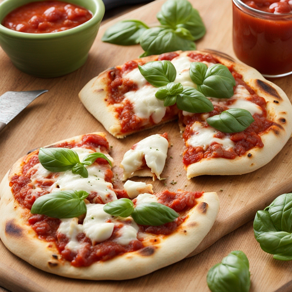Crispy pita pizza loaded with rich marinara sauce, gooey mozzarella, and fresh basil leaves