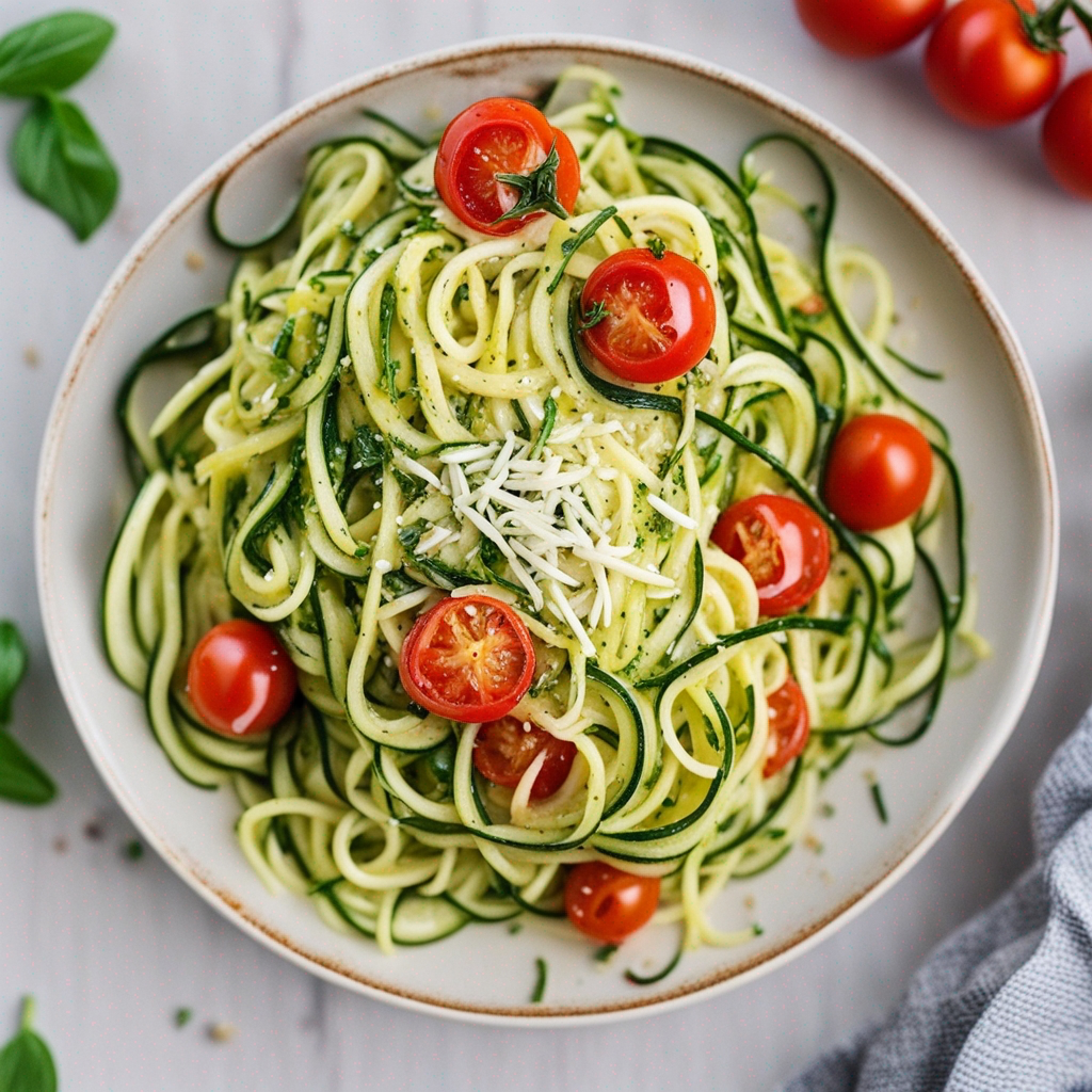 Light and fresh zucchini noodles sautéed with cherry tomatoes and garlic