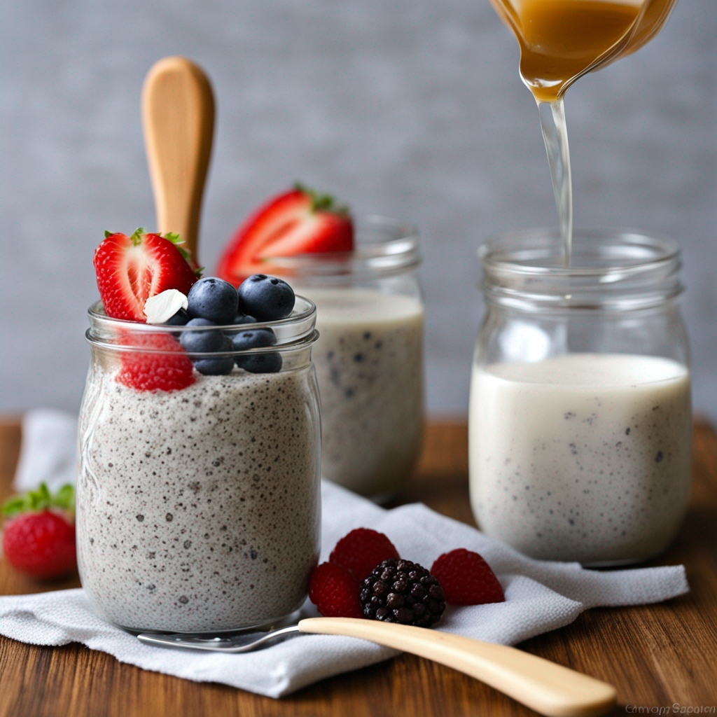 Glass jar filled with layered chia seed pudding, topped with fresh berries and a drizzle of honey