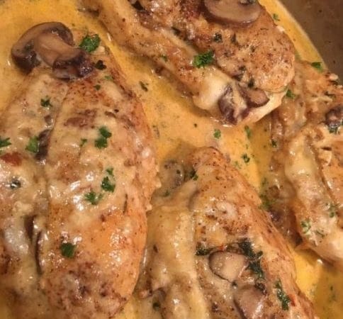Garlic butter, mushroom & mozzarella stuffed chicken breasts