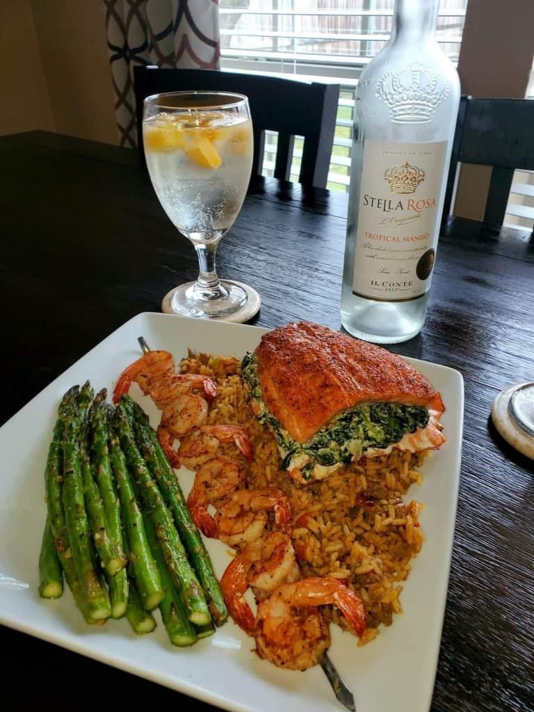Stuffed Salmon Over Rice and Grilled Asparagus