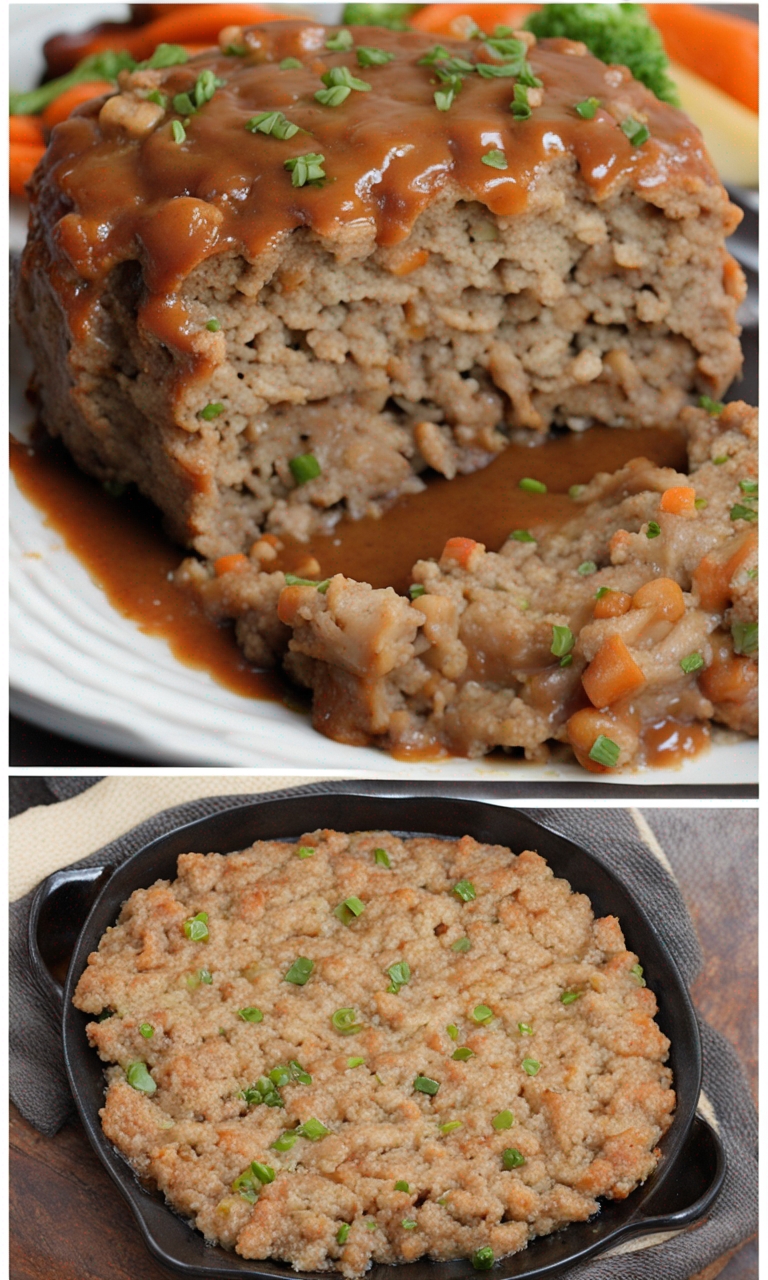 Slicing into juicy meatloaf with gravy drizzled on top.