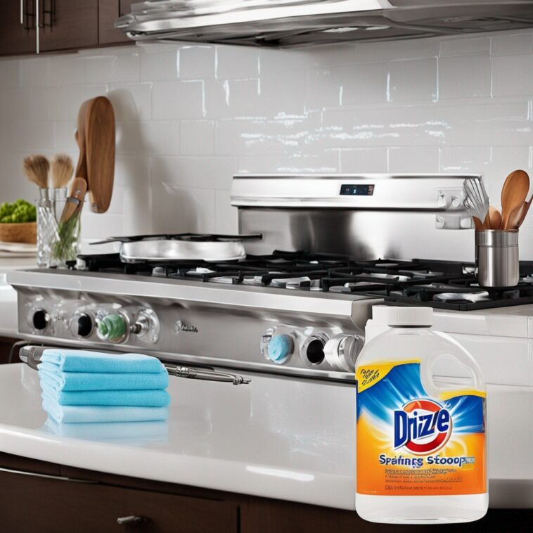 Close-up of brush scrubbing stovetop with cleaning mixture