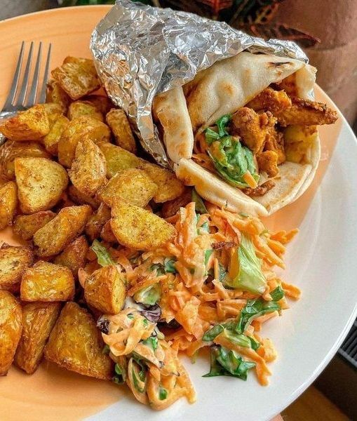 Coronation chicken naanwich spiced potatoes