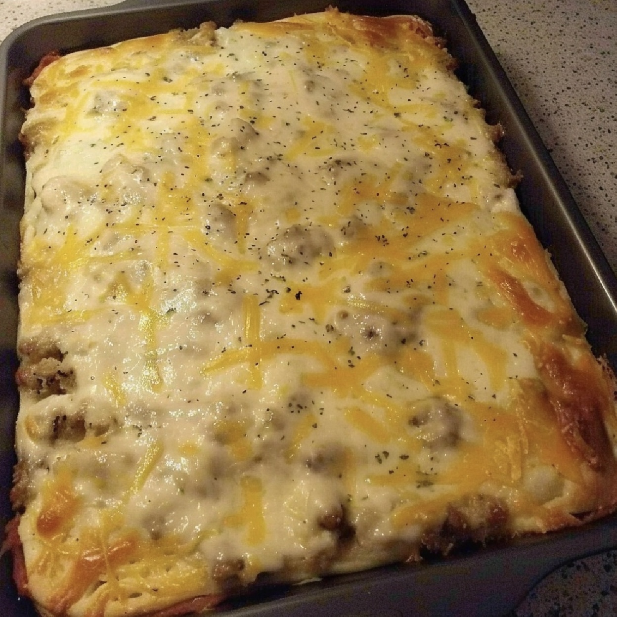 Biscuits and Gravy Casserole with Sausage and Eggs