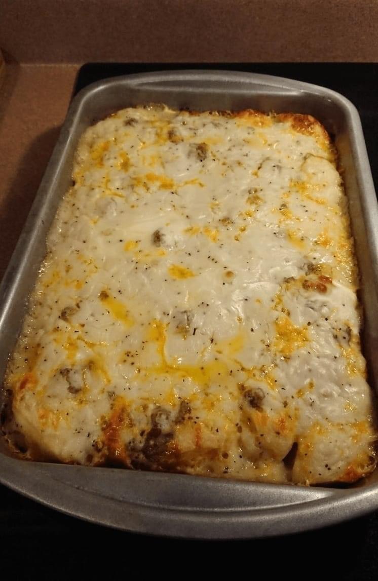 Freshly baked Biscuits and Gravy Casserole.