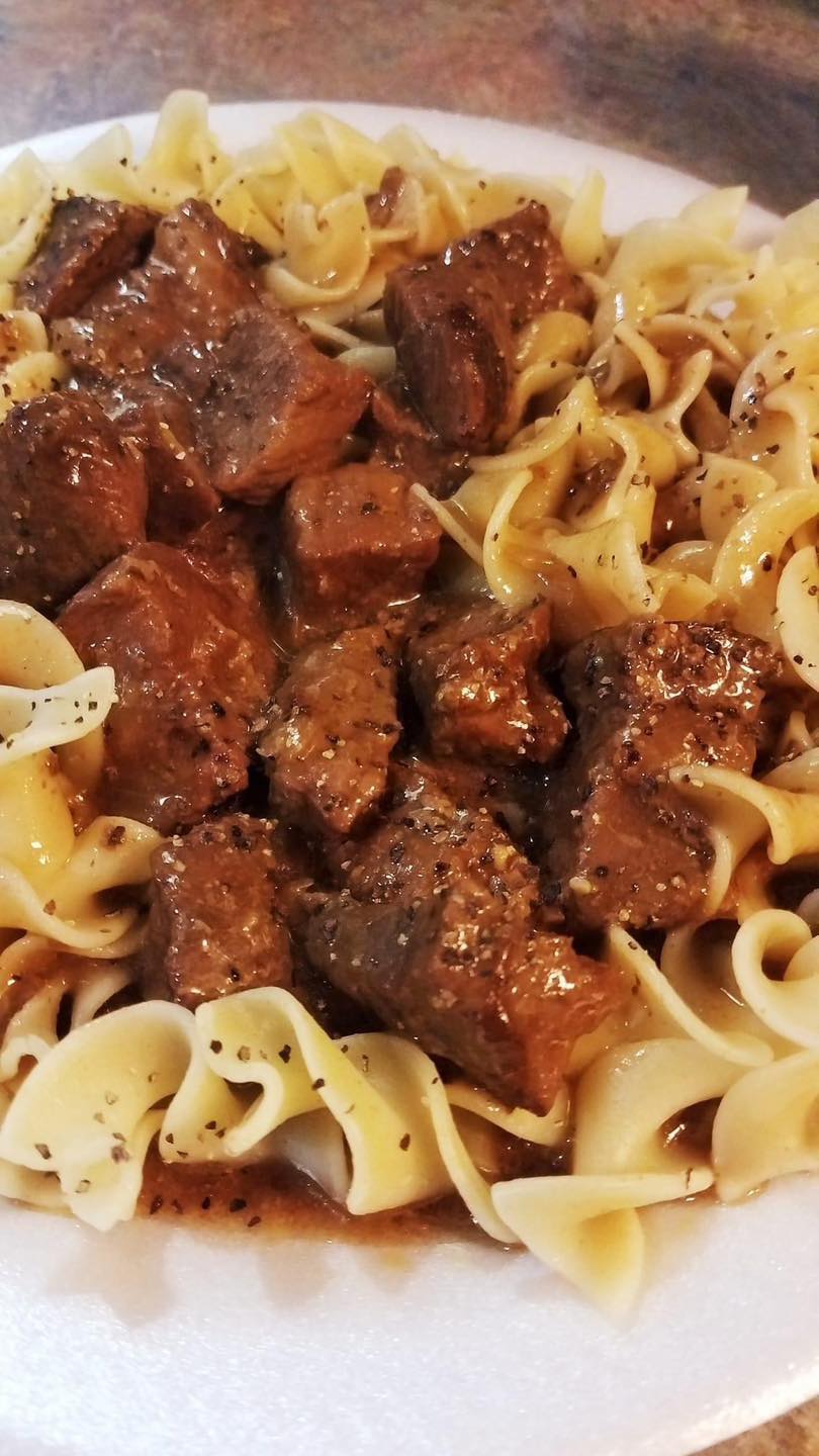 BEEF TIPS EGG NOODLES AND CREAMY GRAVY