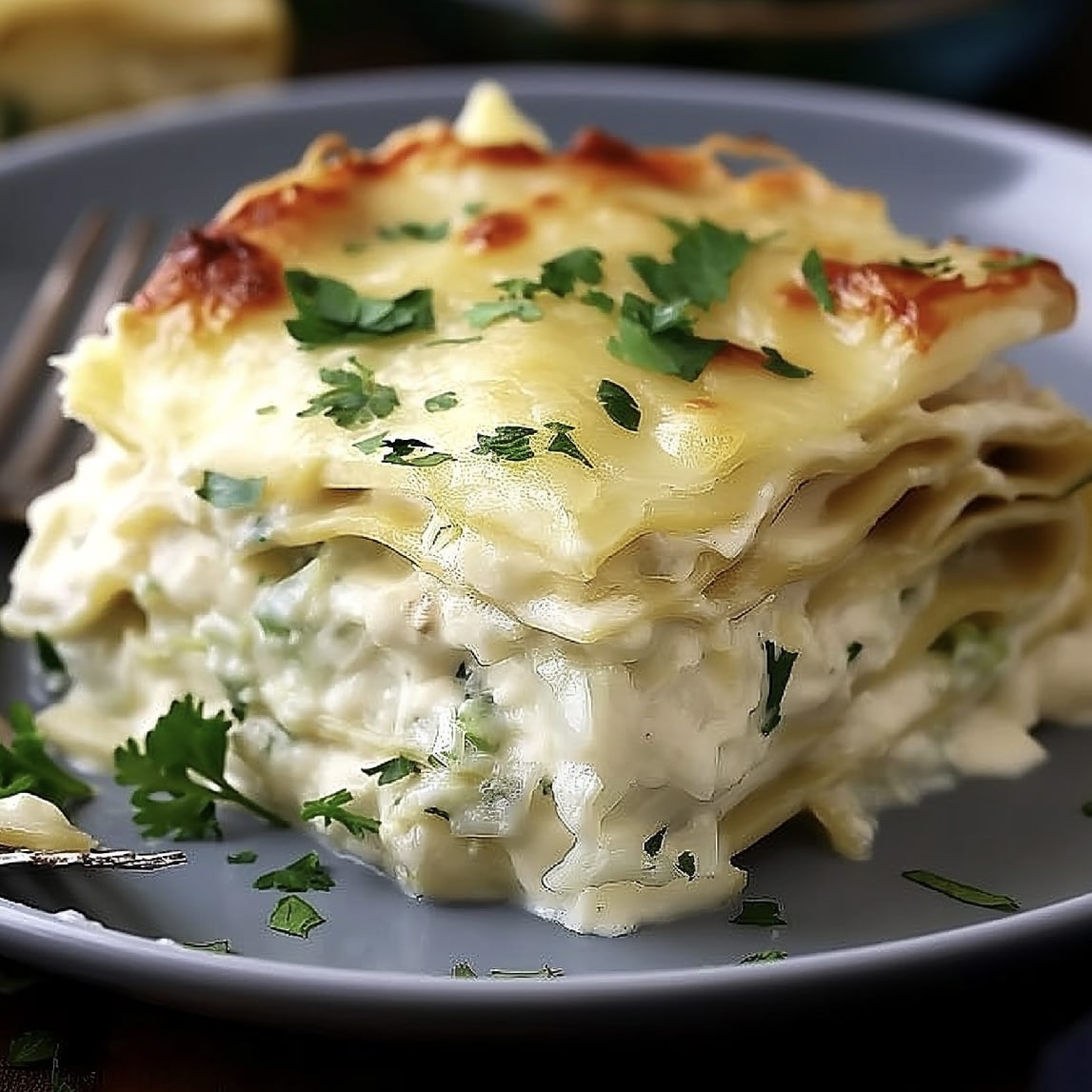 Delicious Chicken Alfredo Lasagna ready to serve