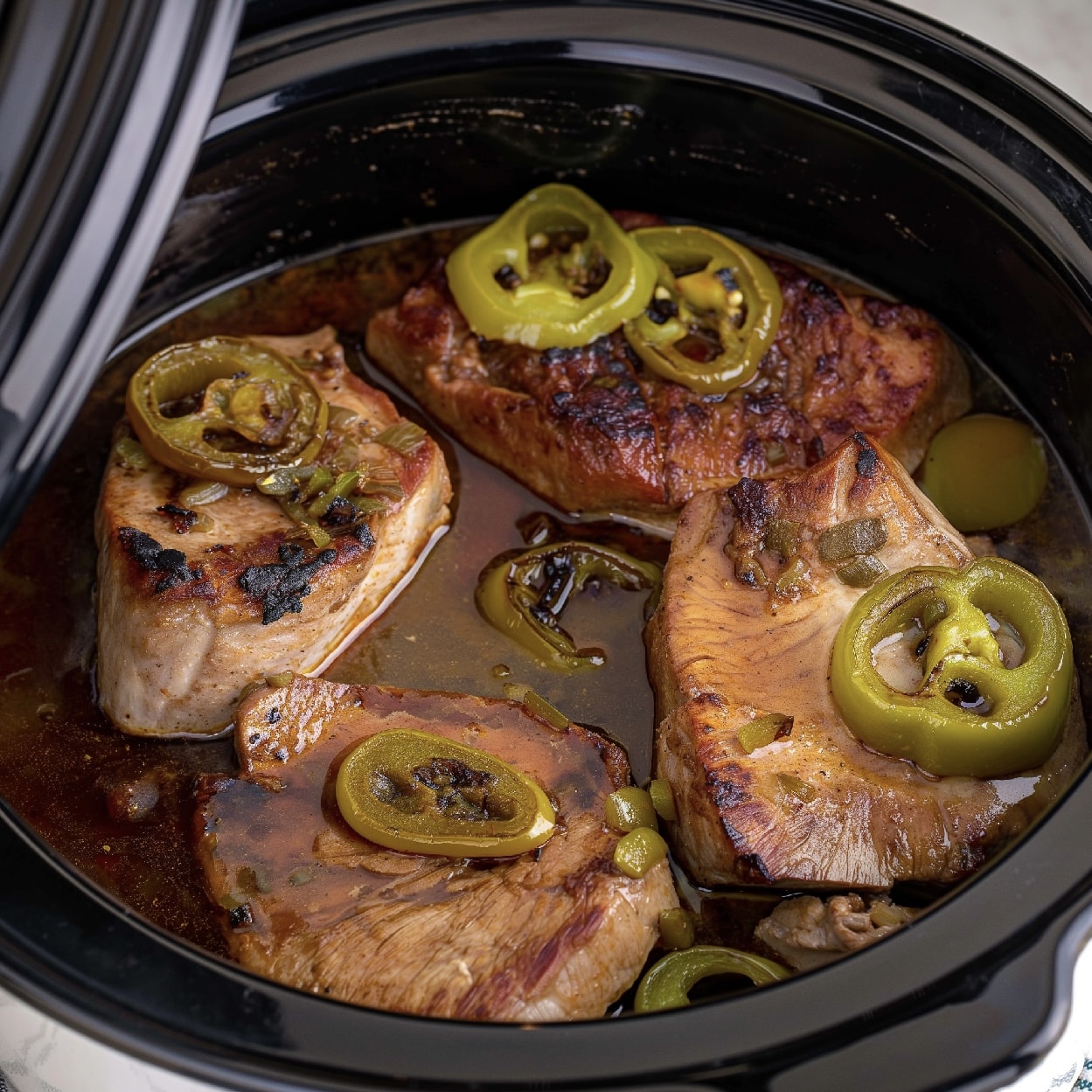Tender slow-cooked Mississippi pork chops in a Crock Pot