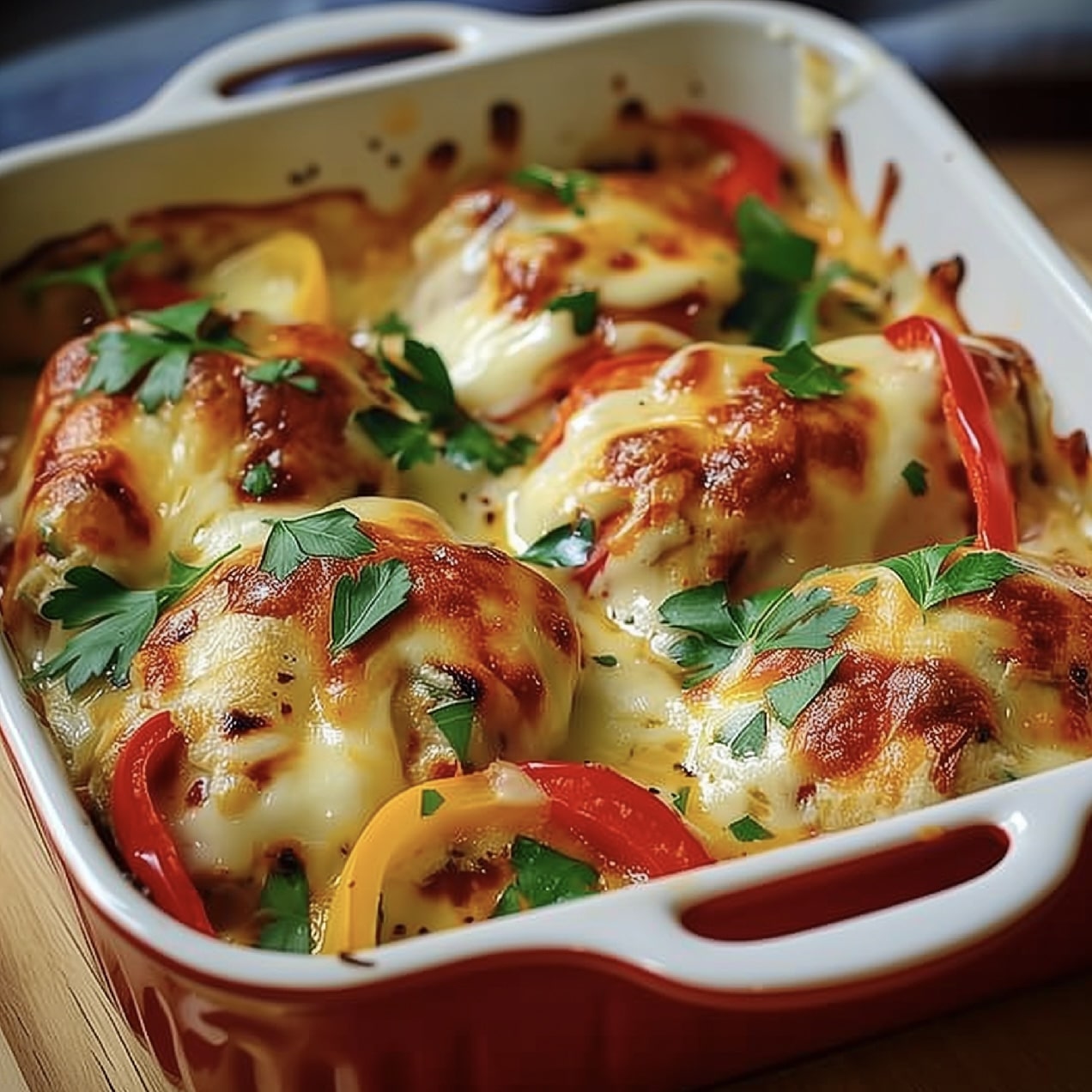 Delicious Cheesy Chicken and Peppers Bake in Casserole Dish
