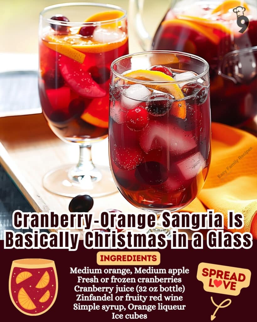Cranberry-Orange Sangria Recipe 2 Festive Cranberry-Orange Sangria in Elegant Glasses with Fresh Cranberries and Orange Slices – Perfect Holiday Party Beverage